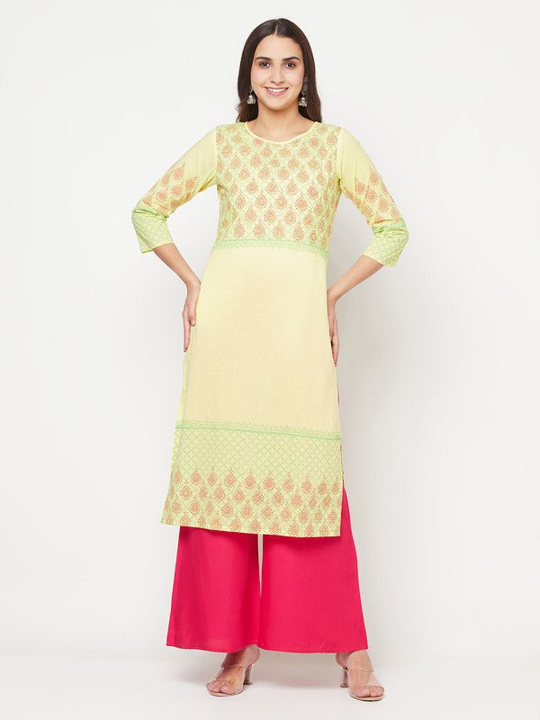 Aniyah Cotton Block Print Lemon Yellow Straight Kurta | Grab2Buy