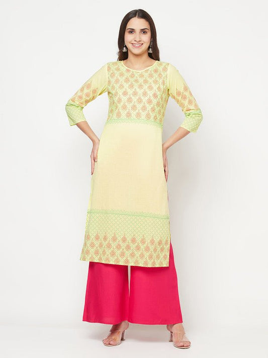 Aniyah Cotton Block Print Lemon Yellow Straight Kurta | Grab2Buy