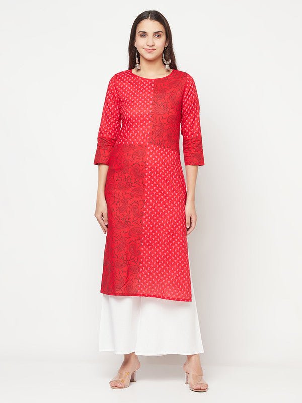 Aniyah Cotton Block Print Red Color Straight Kurta | Grab2Buy