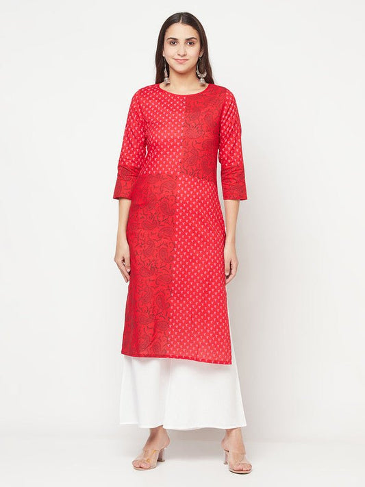 Aniyah Cotton Block Print Red Color Straight Kurta | Grab2Buy