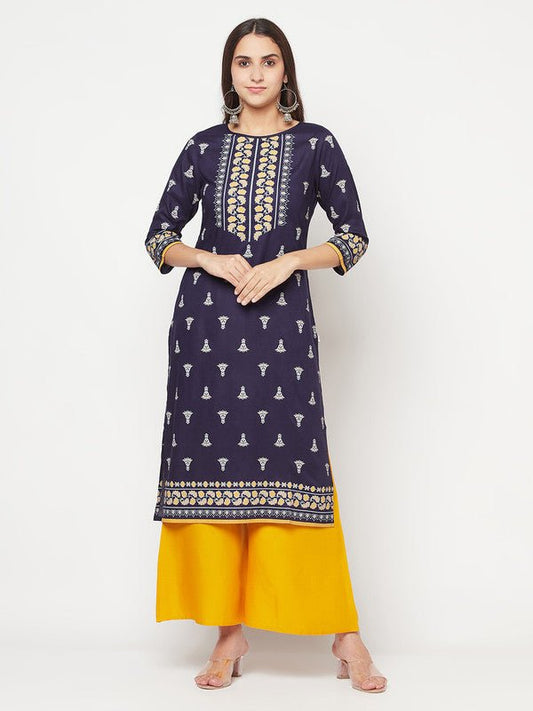 Aniyah Rayon Screen Print Navy Blue Straight Kurta | Grab2Buy
