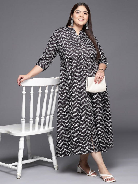 Ahalyaa Plus Size Chevron Print Crepe Mandarin Collar A-line Midi Ethnic Dress  Grab2Buy Ahalyaa Grab2Buy