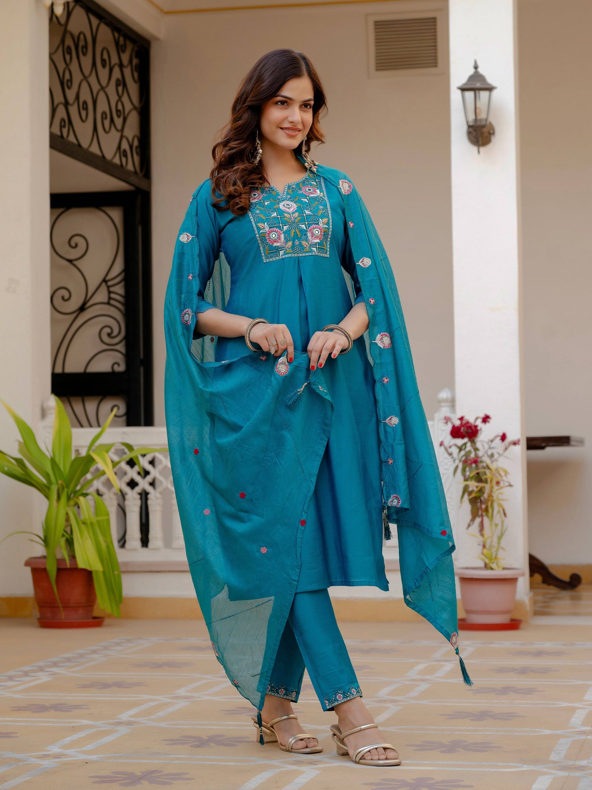 Pramukh Fab Firozi Color Viscose Mango Silk Kurta Set