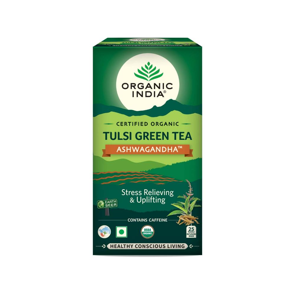 Organic India Tulsi Green Tea Ashwagandha - Herbal Sleep Tea, Caffine Free 