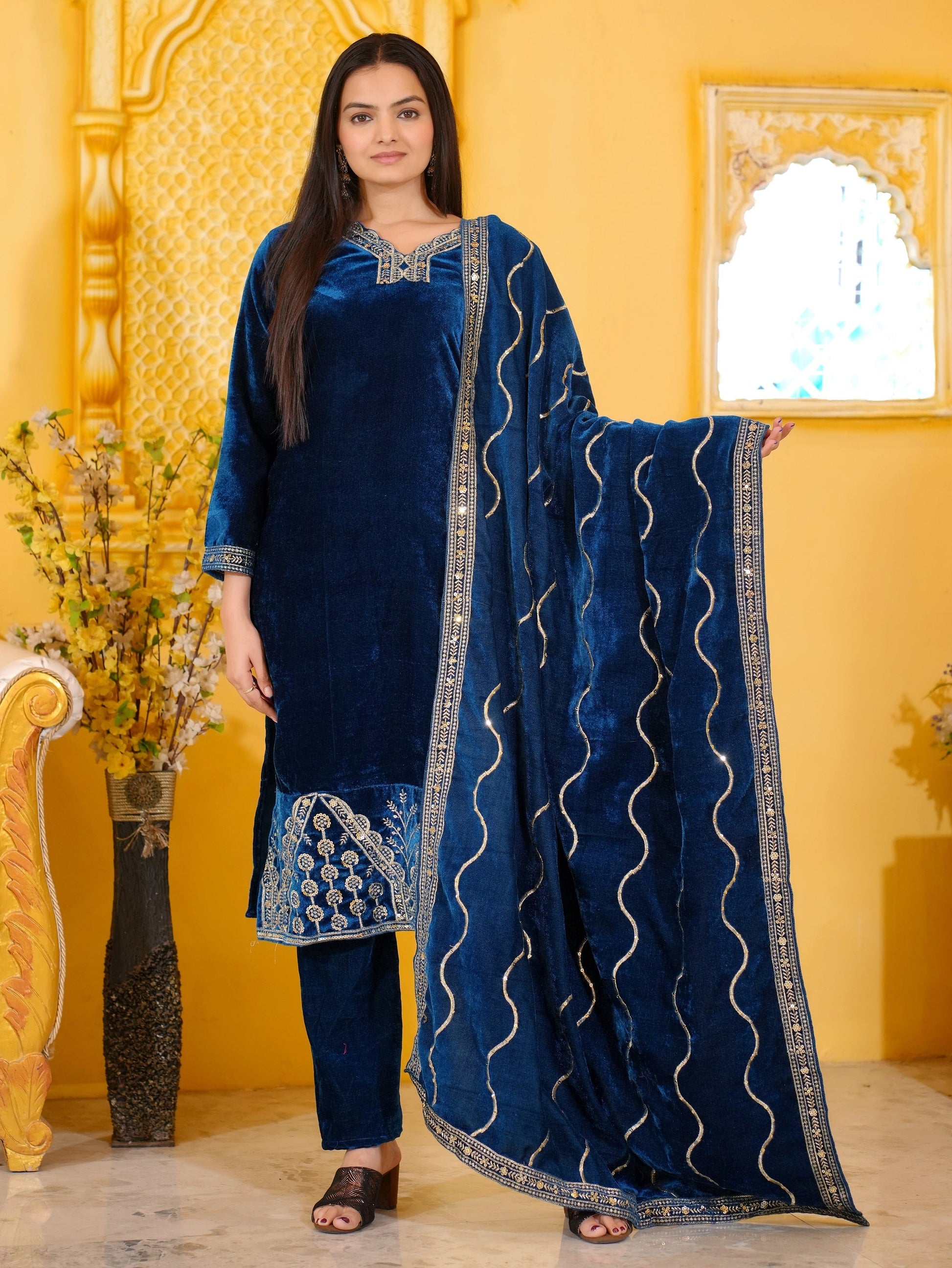 Teeya Creation Blue Color Velvet Heavy Embroidery Work Fully Stitched Salwar Suit
