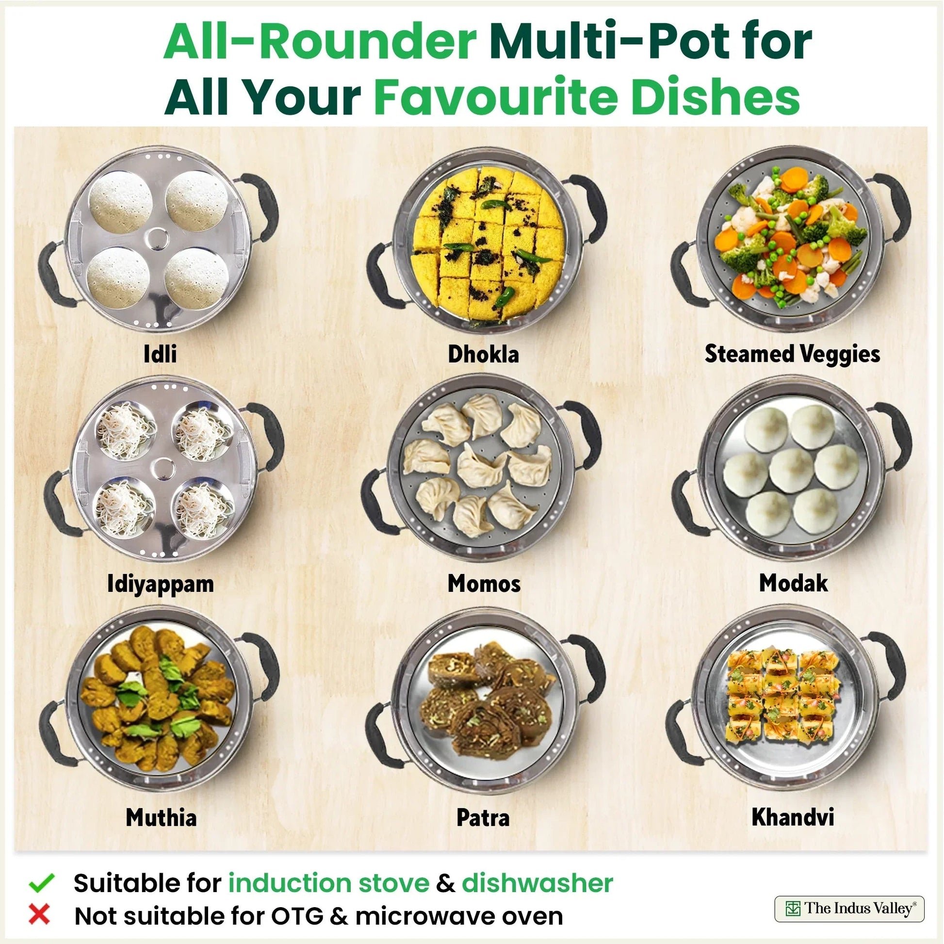 The Indus Valley 8 Pit Tri-Steel Multi Pot Premium Stainless Steel Idli/ Dhokla/ Momo Maker/ Veg Steaming Set, Tri-ply Induction Bottom, 5 Plates, 3L  Grab2Buy The Indus Valley Grab2Buy