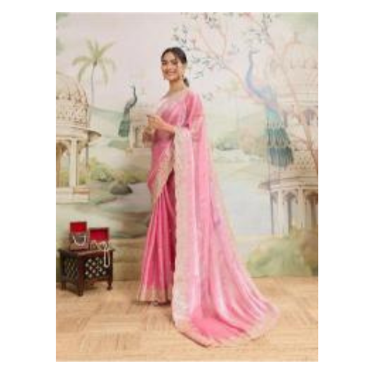 Dwija Fashion Pink Party Wear Embroidered Jimmy Choo Organza Saree With Unstitched Blouse