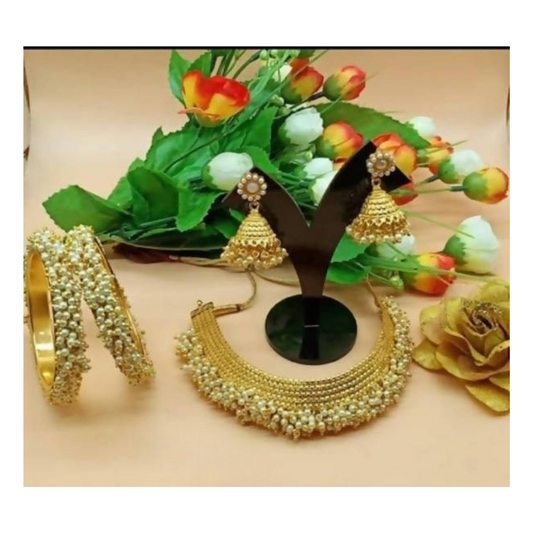 Mominos Fashion Trendy Gold-Plated with Pearls Necklace combo Set - Grab2buy