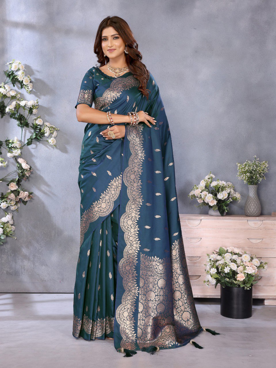 Anaita Blue Premium Banarasi Tissue Silk Saree With Gala Weaving Work