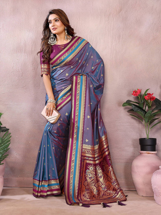 Anaita Dusty Blue Handloom Kalamkari Silk Saree With Zari Woven Work