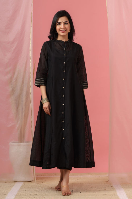 Juniper Womens Black Chanderi Solid Kalidar Kurta | Grab2Buy