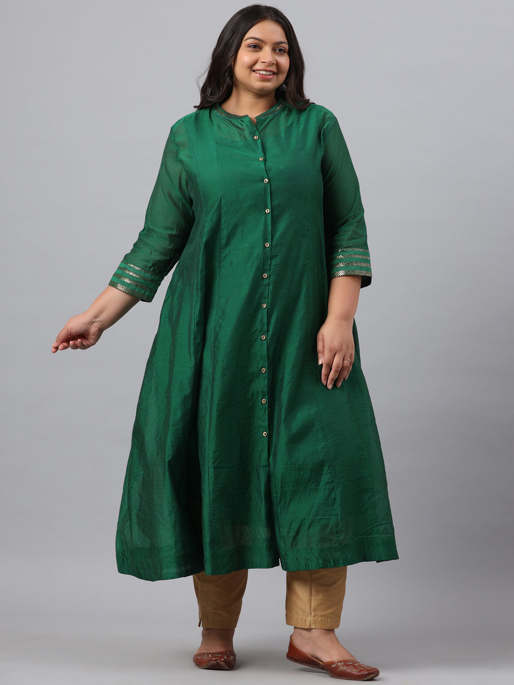 Juniper Women`s Jadegreen Chanderi Silk Solid Anarkali Kurta with Inner