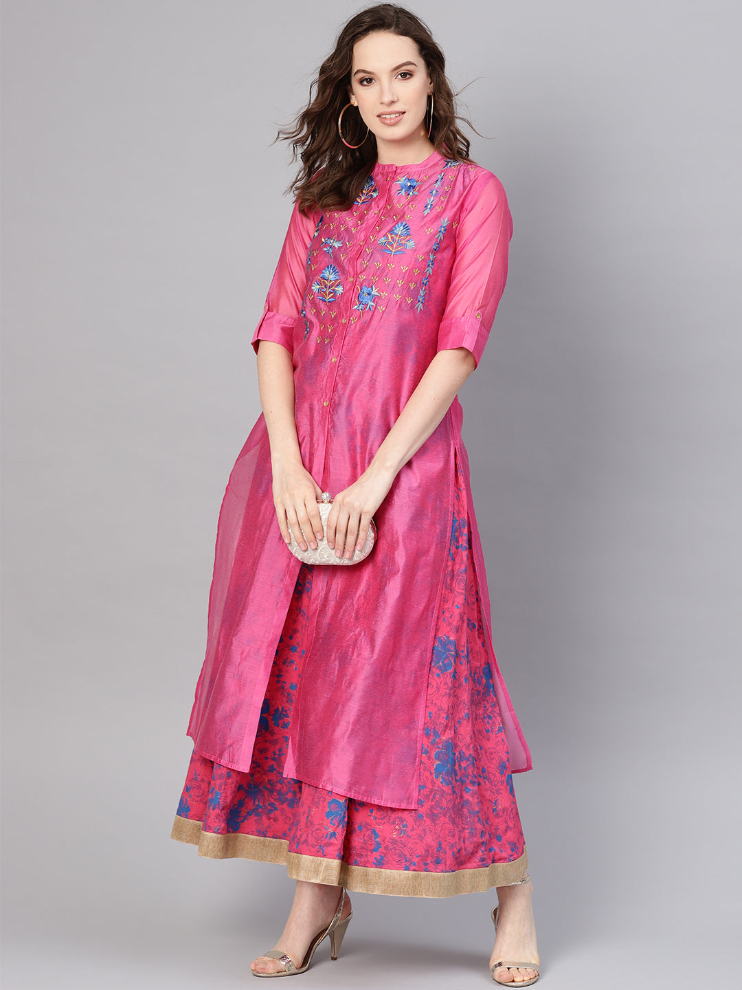 Juniper Women Fuchsia Chanderi Silk Embroidered & Printed Layered Dress