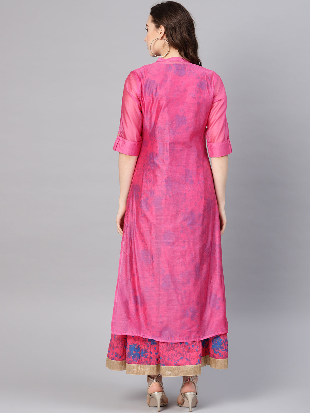 Juniper Women Fuchsia Chanderi Silk Embroidered & Printed Layered Dress