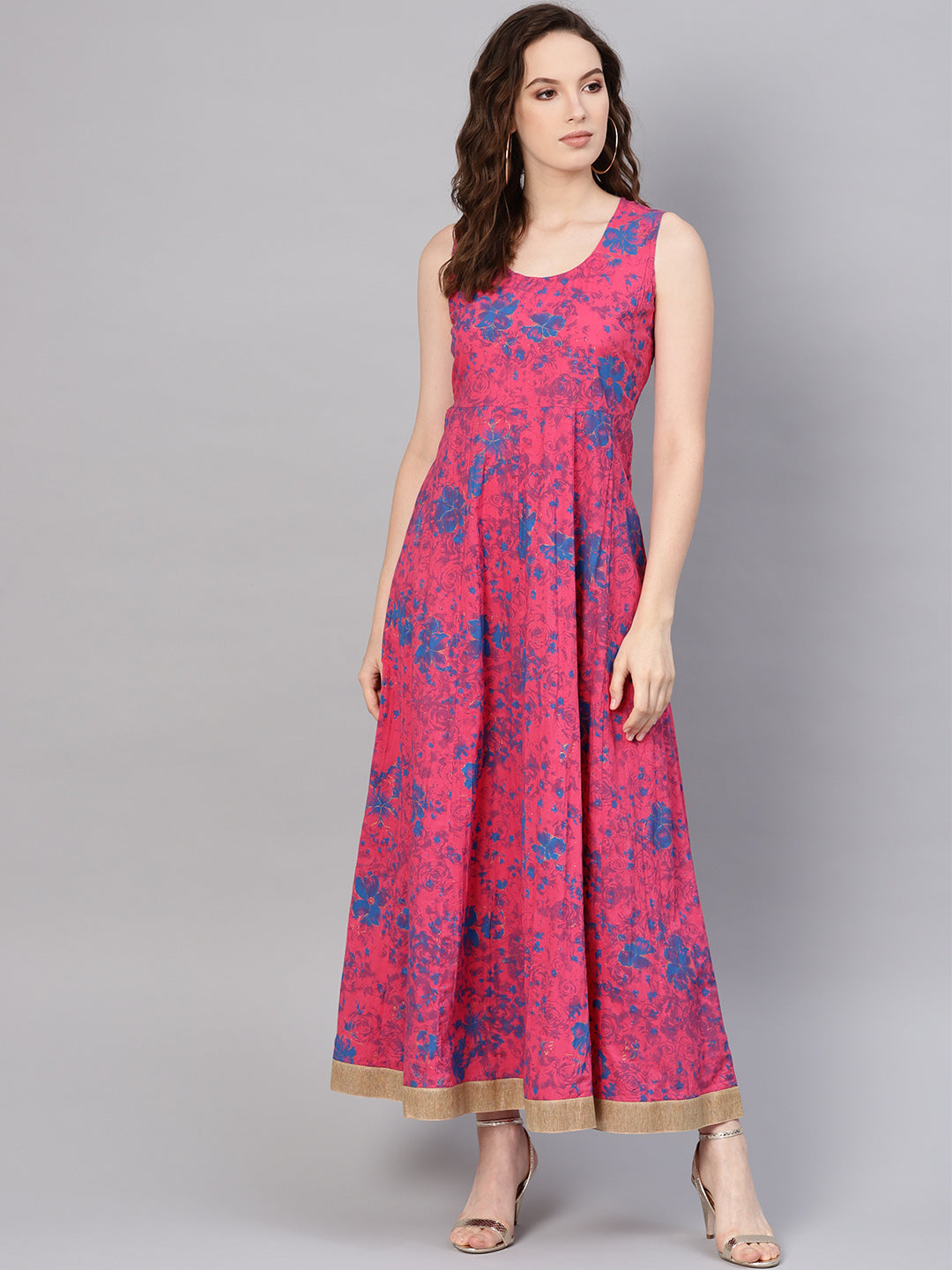 Juniper Women Fuchsia Chanderi Silk Embroidered & Printed Layered Dress