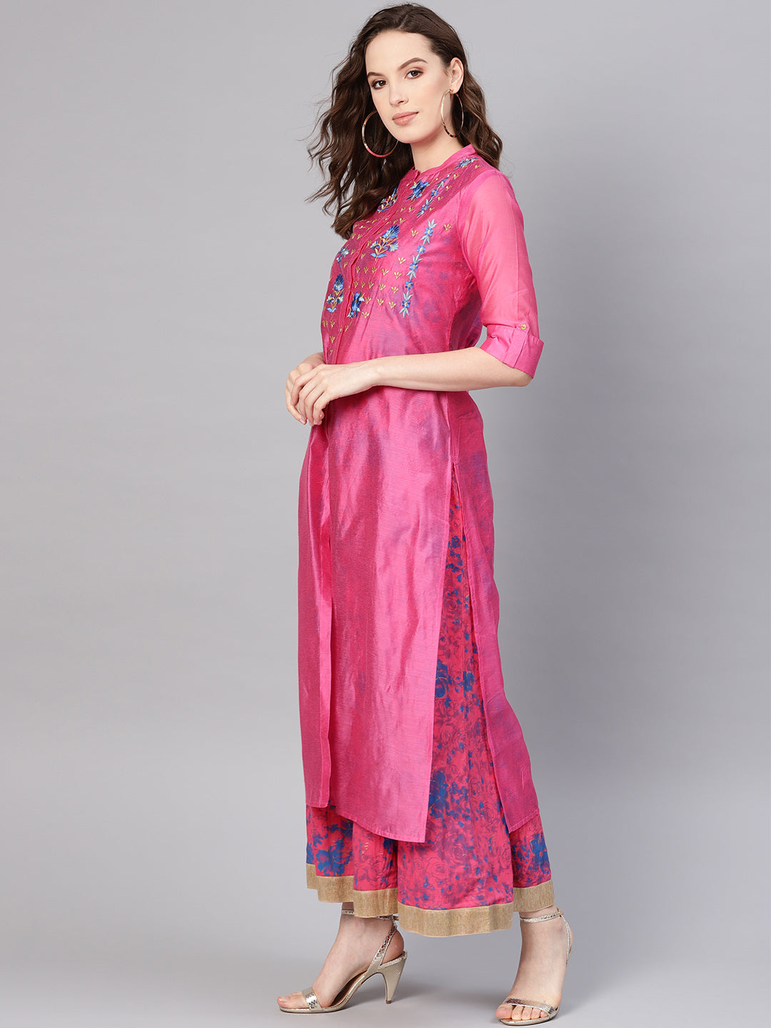 Juniper Women Fuchsia Chanderi Silk Embroidered & Printed Layered Dress