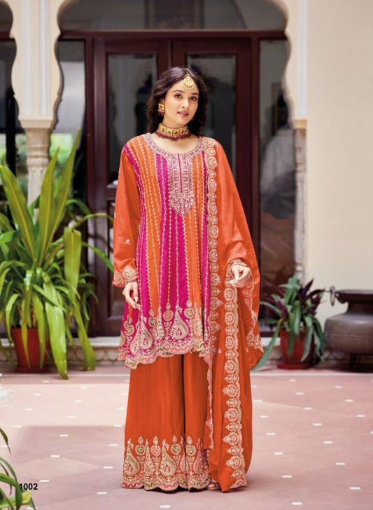 Anaita Orange Chinon Stitched Suit With Embroidery Work