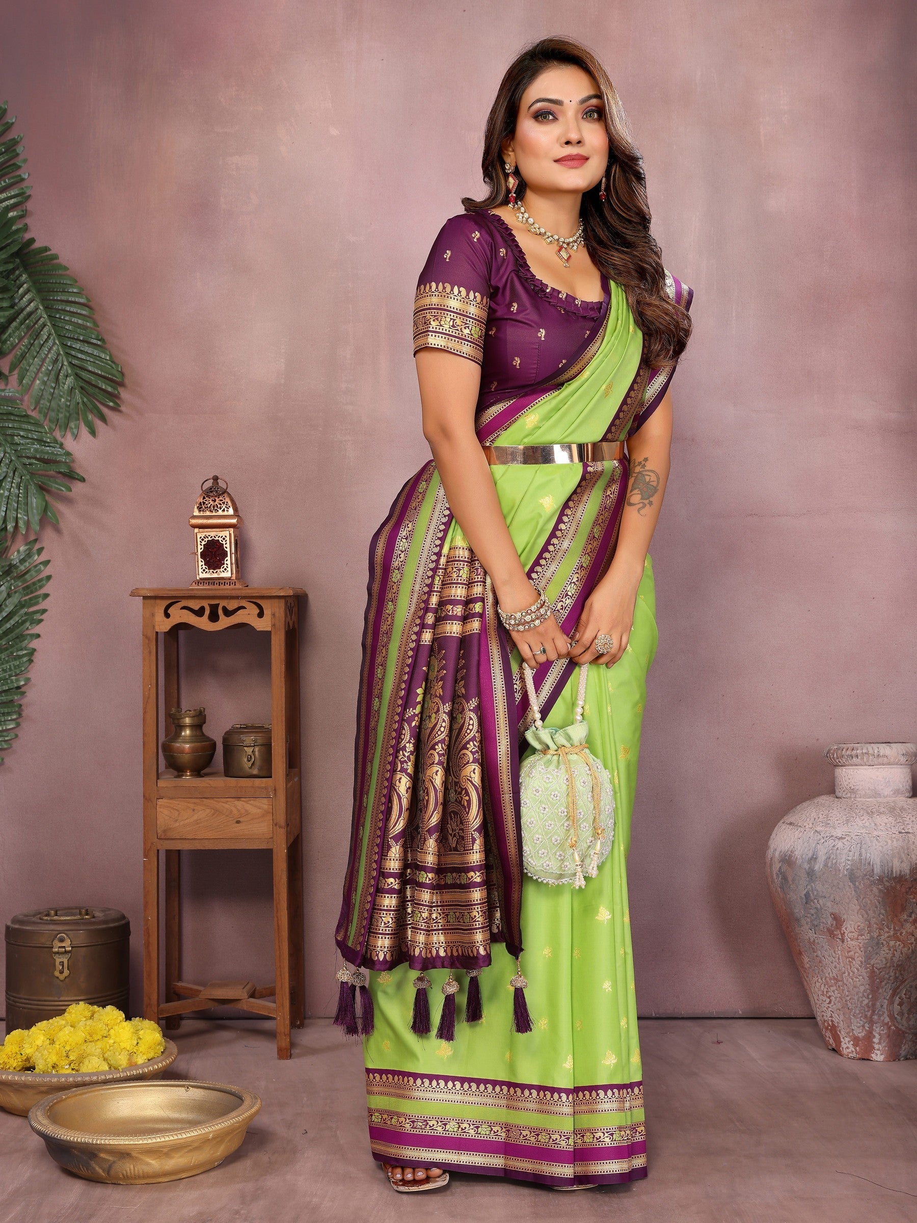 Anaita Parrot Handloom Kalamkari Silk Saree With Zari Woven Work