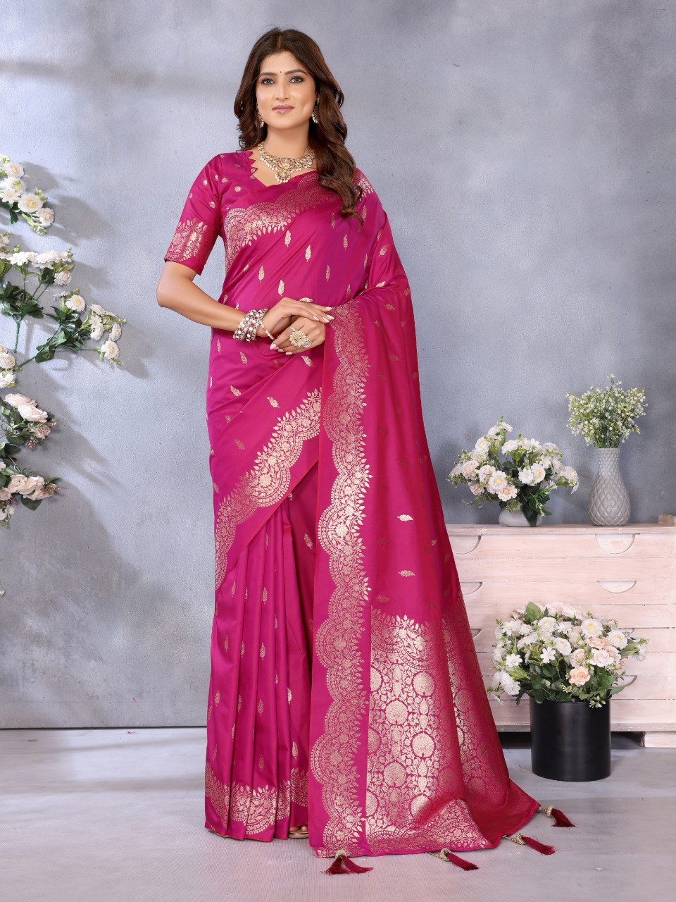Anaita Pink Premium Banarasi Tissue Silk Saree With Gala Weaving Work