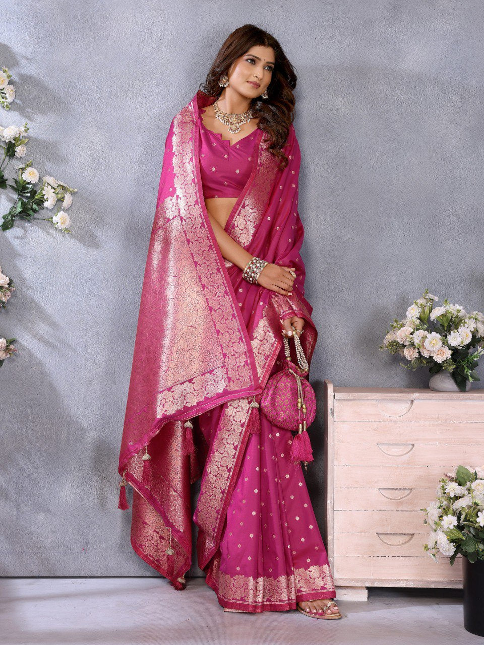 Anaita Magenta Premium Banarasi Tissue Silk Saree With Gala Weaving Work