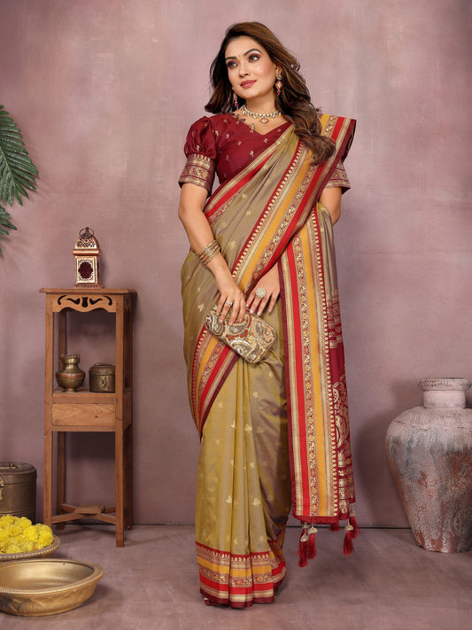 Anaita Gold Handloom Kalamkari Silk Saree With Zari Woven Work