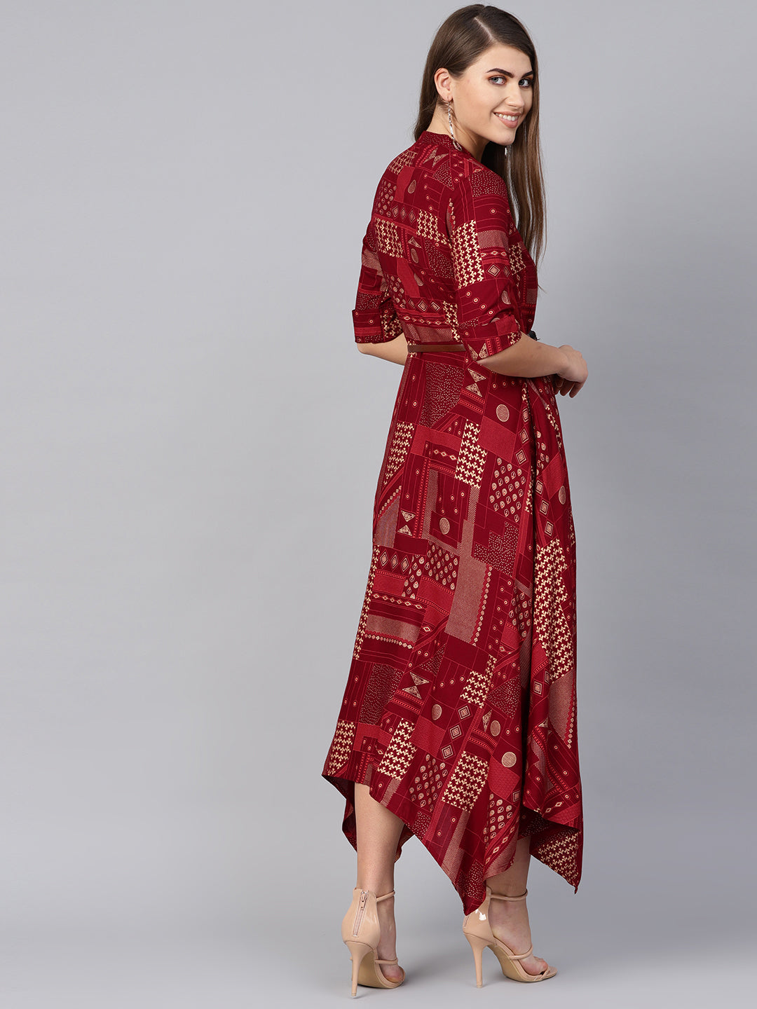 Juniper Womens Maroon Rayon Geometric Foil Printed Handkerchief Dress