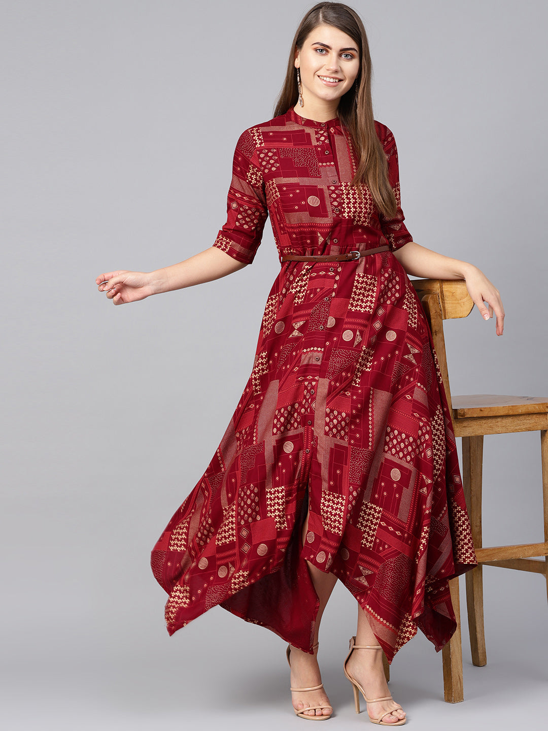 Juniper Womens Maroon Rayon Geometric Foil Printed Handkerchief Dress
