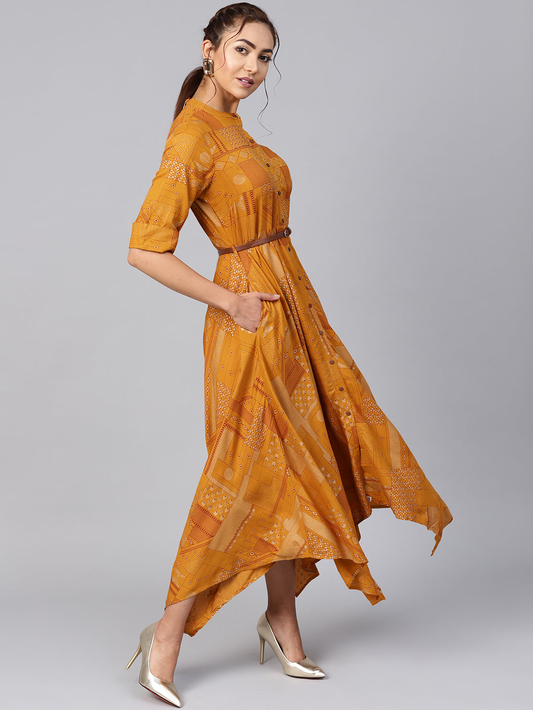 Juniper Womens Mustard Rayon Geometric Foil Printed Handkerchief Dress