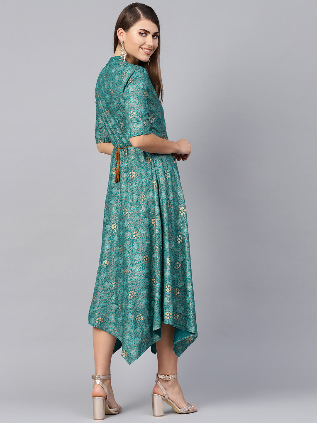 Juniper Women Teal Rayon Printed Asymmetric Dress