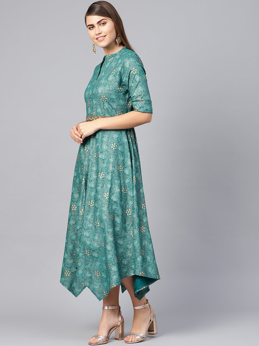 Juniper Women Teal Rayon Printed Asymmetric Dress