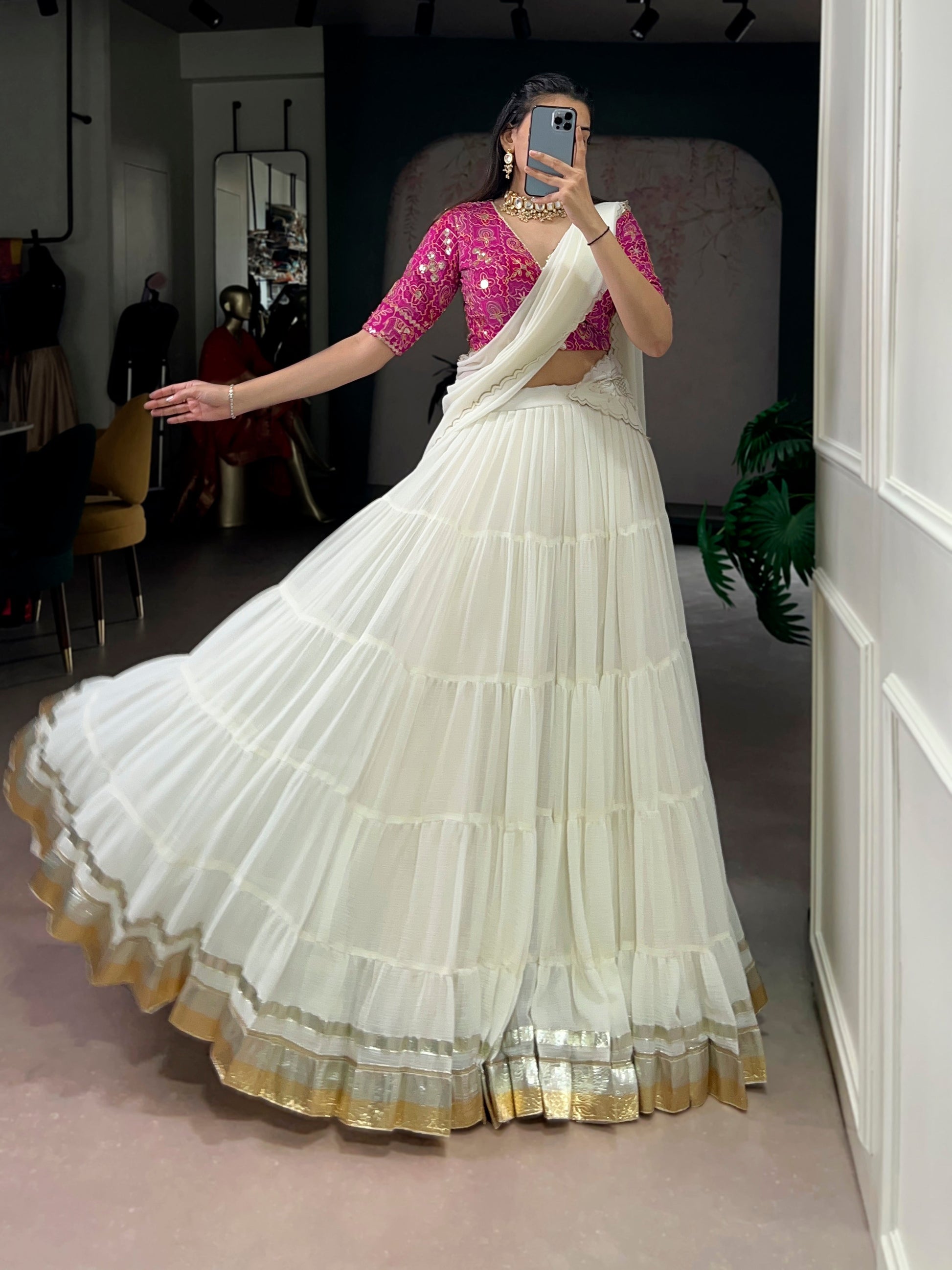Lorenvalley Fashion White Marbel Fabric with Embossed Design Lace With Gota Patti Touch Up Lehenga Choli with Dupatta