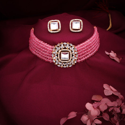 Tehzeeb Creations Brass Gold-Polished Gold, Pink, White Jewel Set