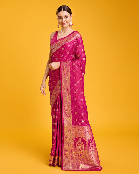 Monjolika Fashion Blushing Magenta Banarasi Satin Zari Woven Work Enhanced Elegance Silk Saree