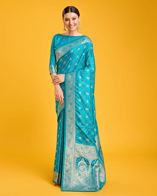 Monjolika Fashion Blushing Cyan Color Banarasi Satin Zari Woven Work Enhanced Elegance Silk Saree