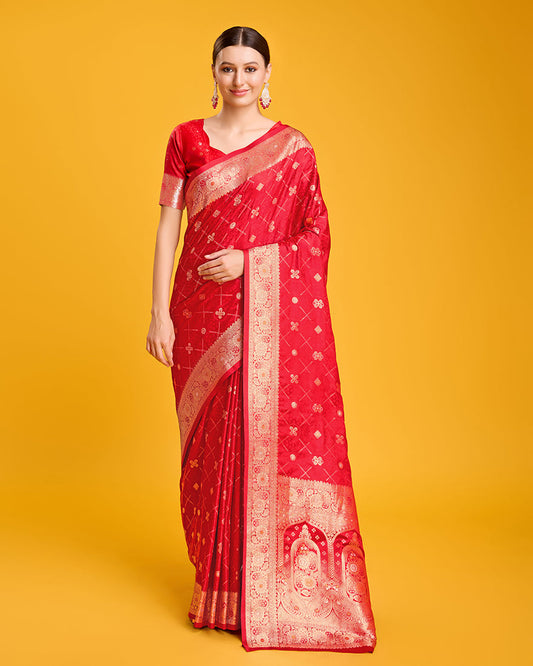 Monjolika Fashion Blushing Red Banarasi Satin Zari Woven Work Enhanced Elegance Silk Saree