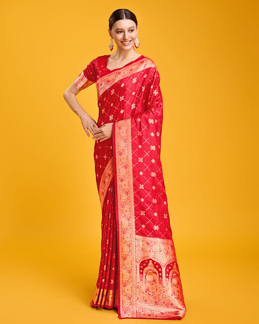 Monjolika Fashion Blushing Red Banarasi Satin Zari Woven Work Enhanced Elegance Silk Saree