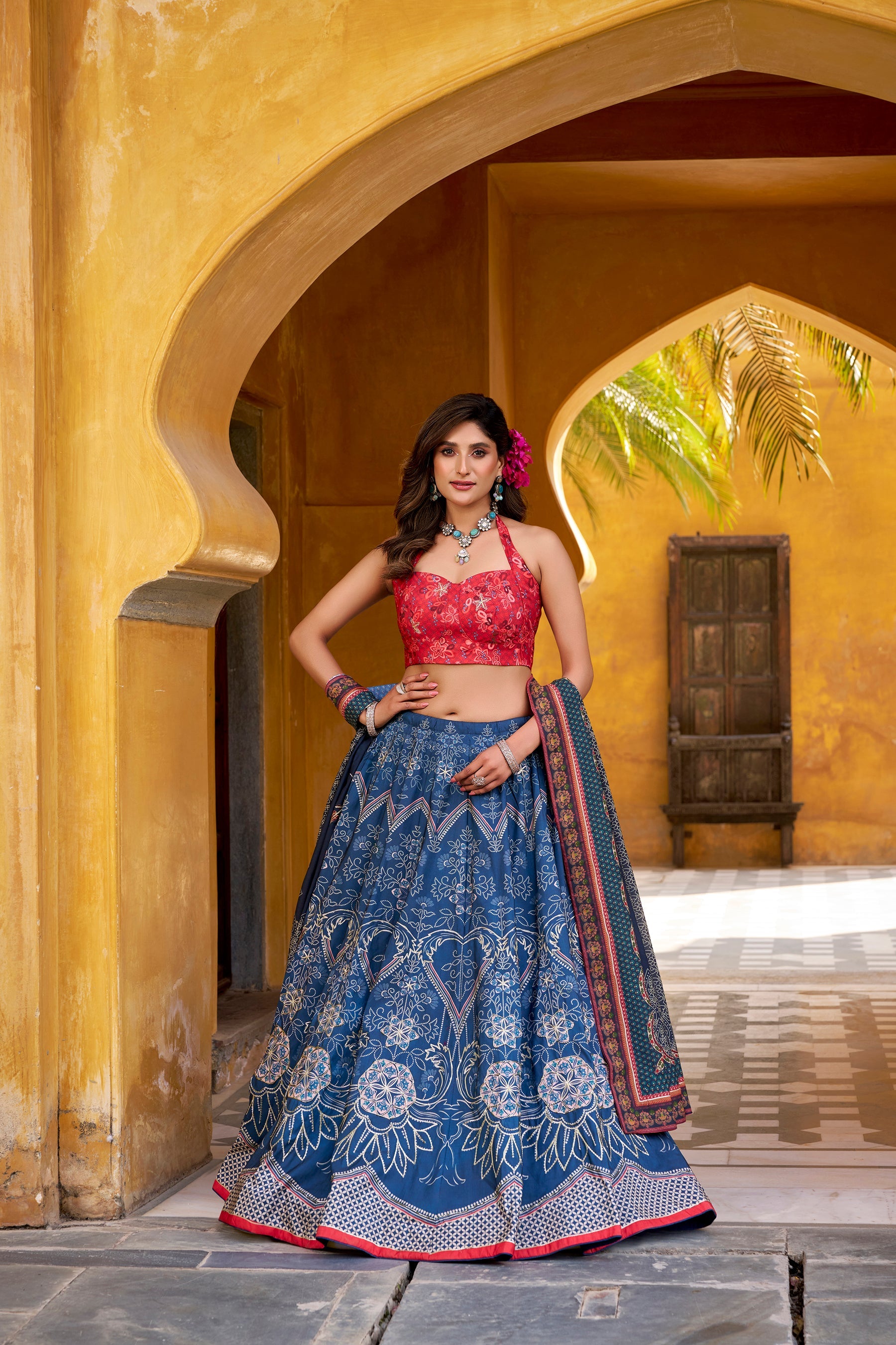 Lorenvalley Fashion Blue Vaishali silk Printed with Beads Work and Gota Patti Lace Lehenga Choli with Dupatta
