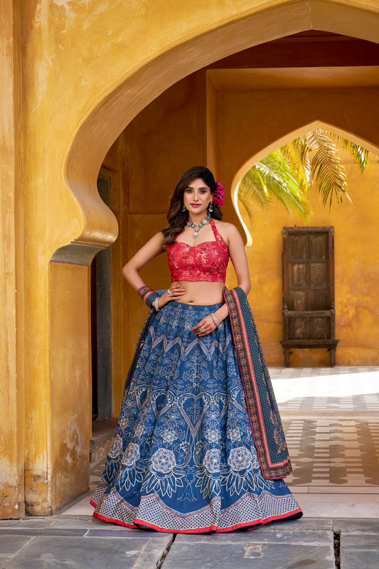 Lorenvalley Fashion Blue Vaishali silk Printed with Beads Work and Gota Patti Lace Lehenga Choli with Dupatta