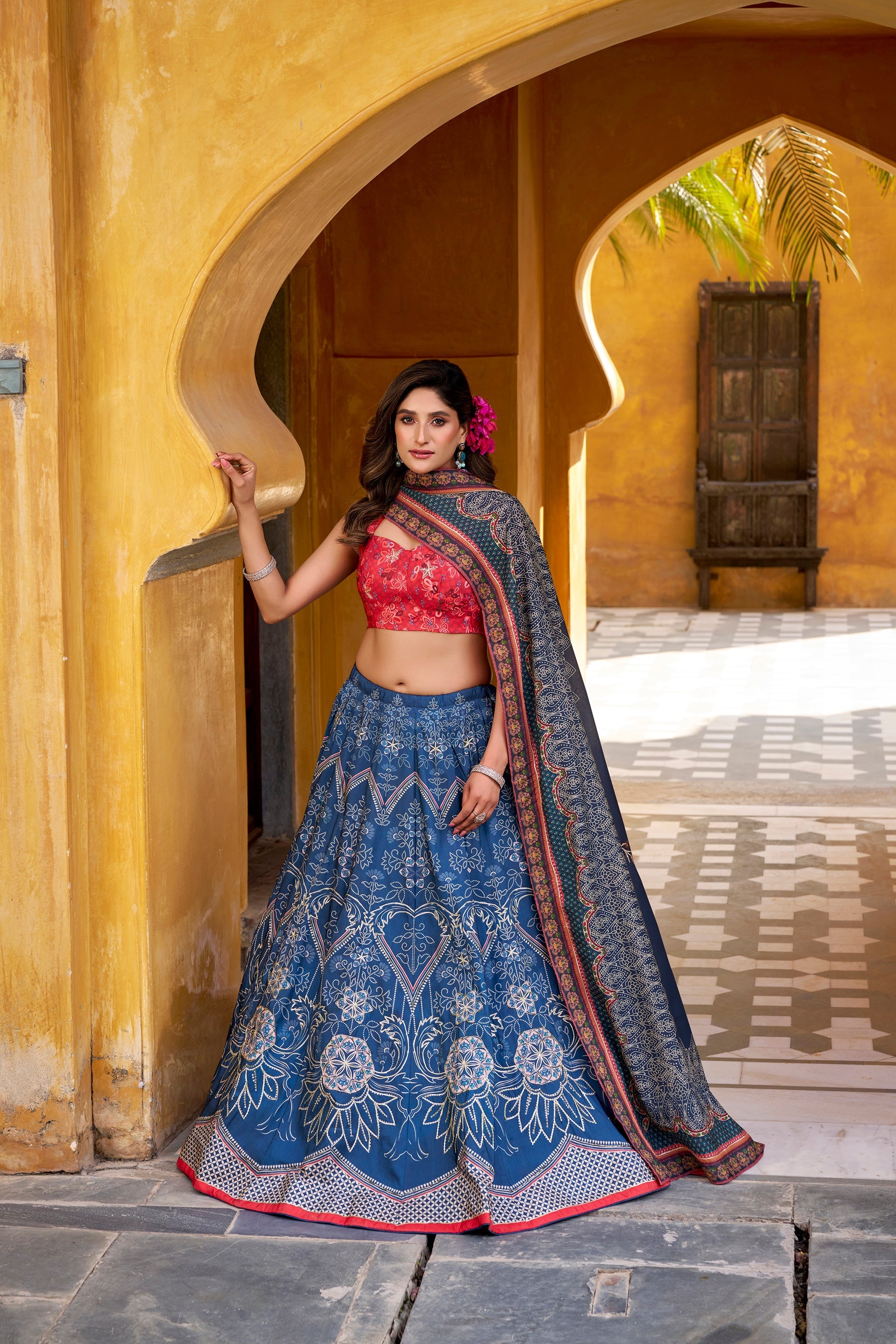 Lorenvalley Fashion Blue Vaishali silk Printed with Beads Work and Gota Patti Lace Lehenga Choli with Dupatta