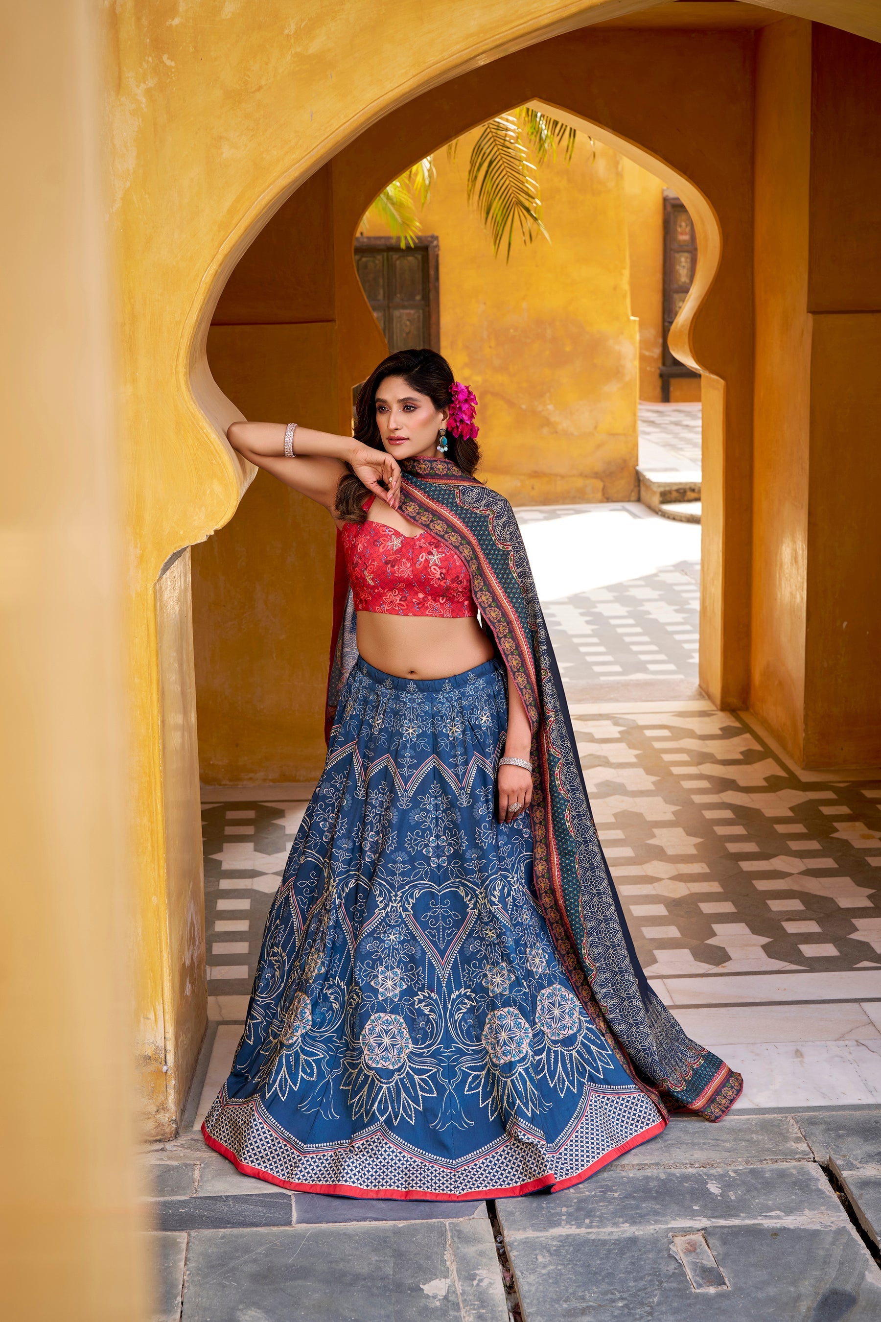 Lorenvalley Fashion Blue Vaishali silk Printed with Beads Work and Gota Patti Lace Lehenga Choli with Dupatta