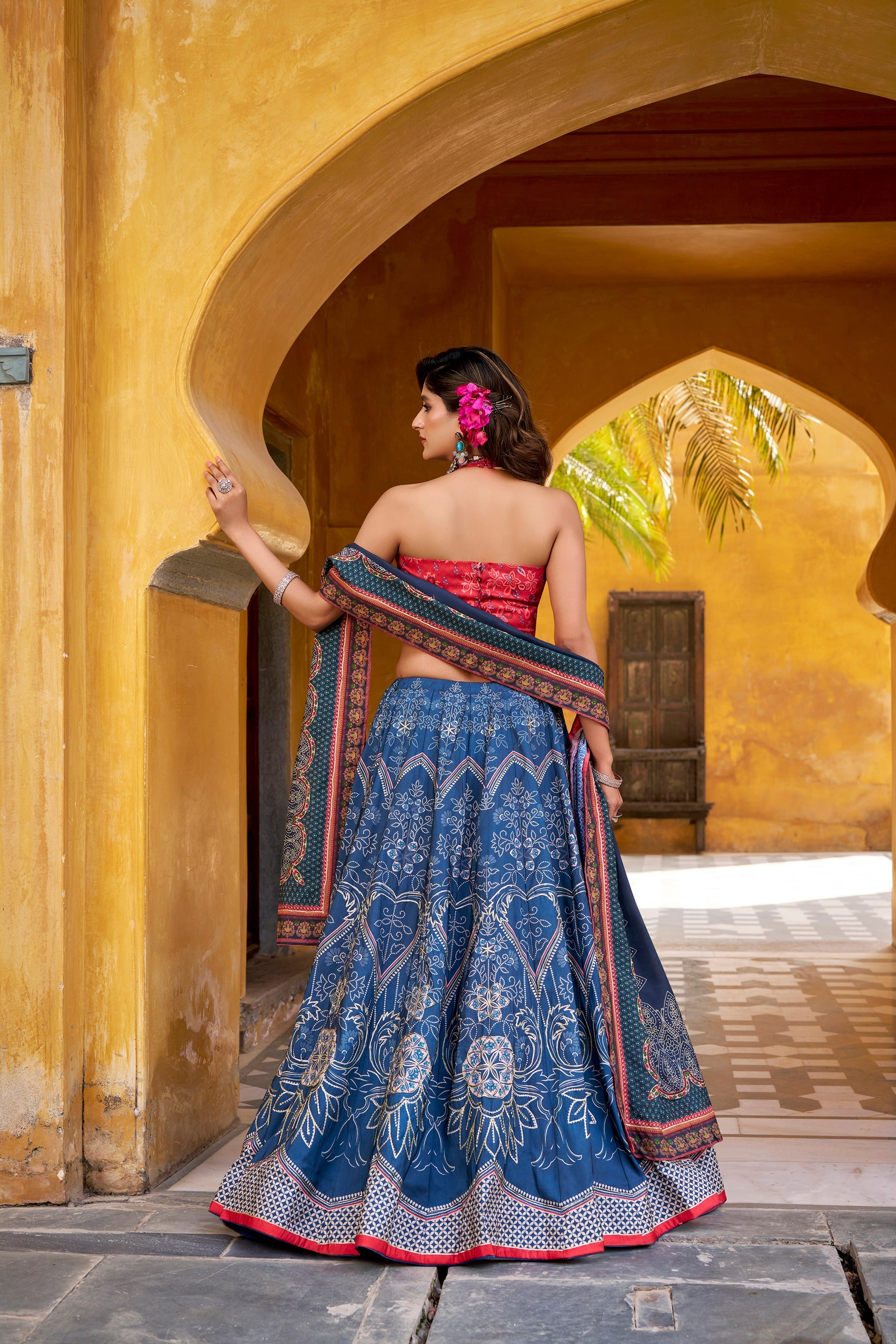 Lorenvalley Fashion Blue Vaishali silk Printed with Beads Work and Gota Patti Lace Lehenga Choli with Dupatta