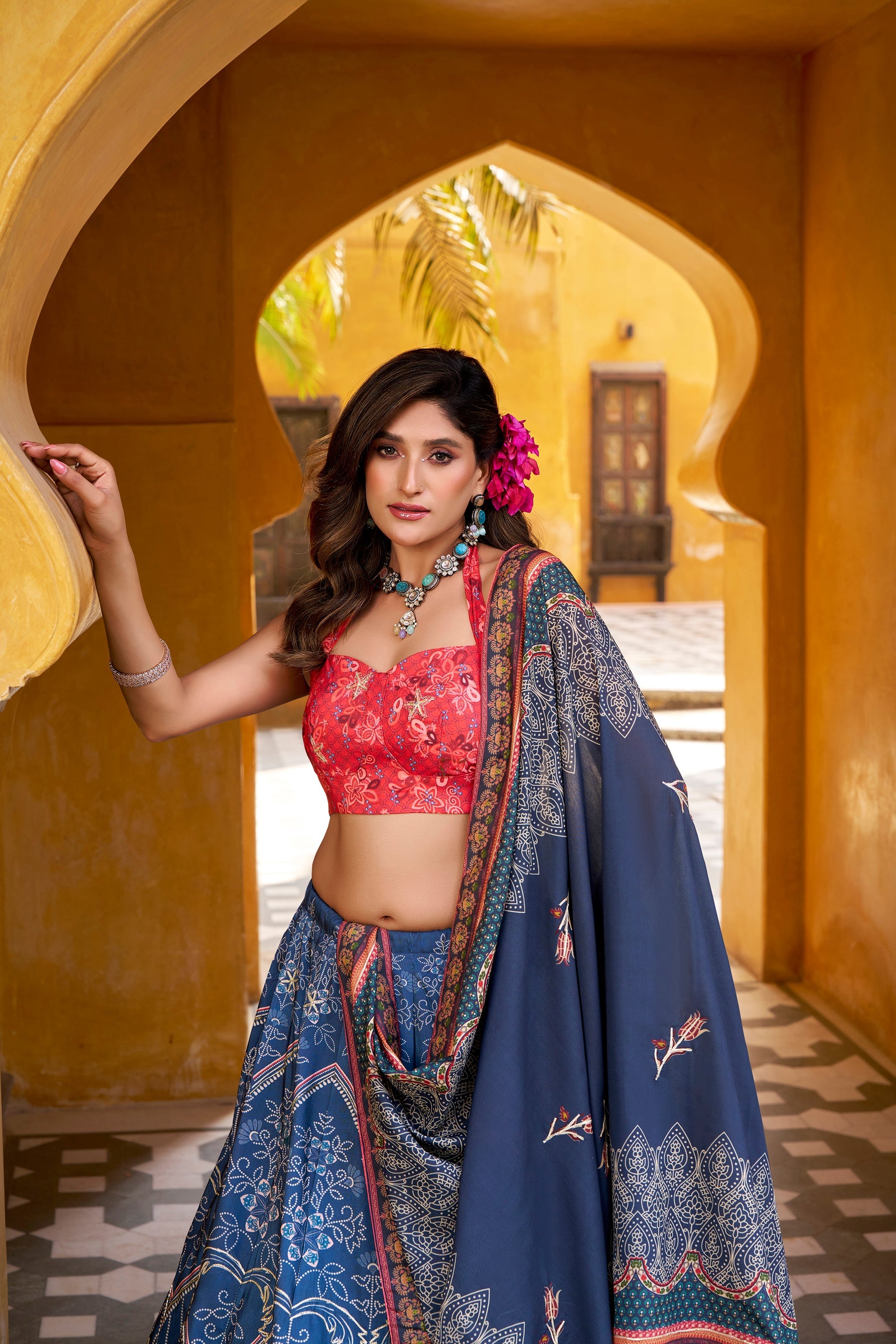 Lorenvalley Fashion Blue Vaishali silk Printed with Beads Work and Gota Patti Lace Lehenga Choli with Dupatta