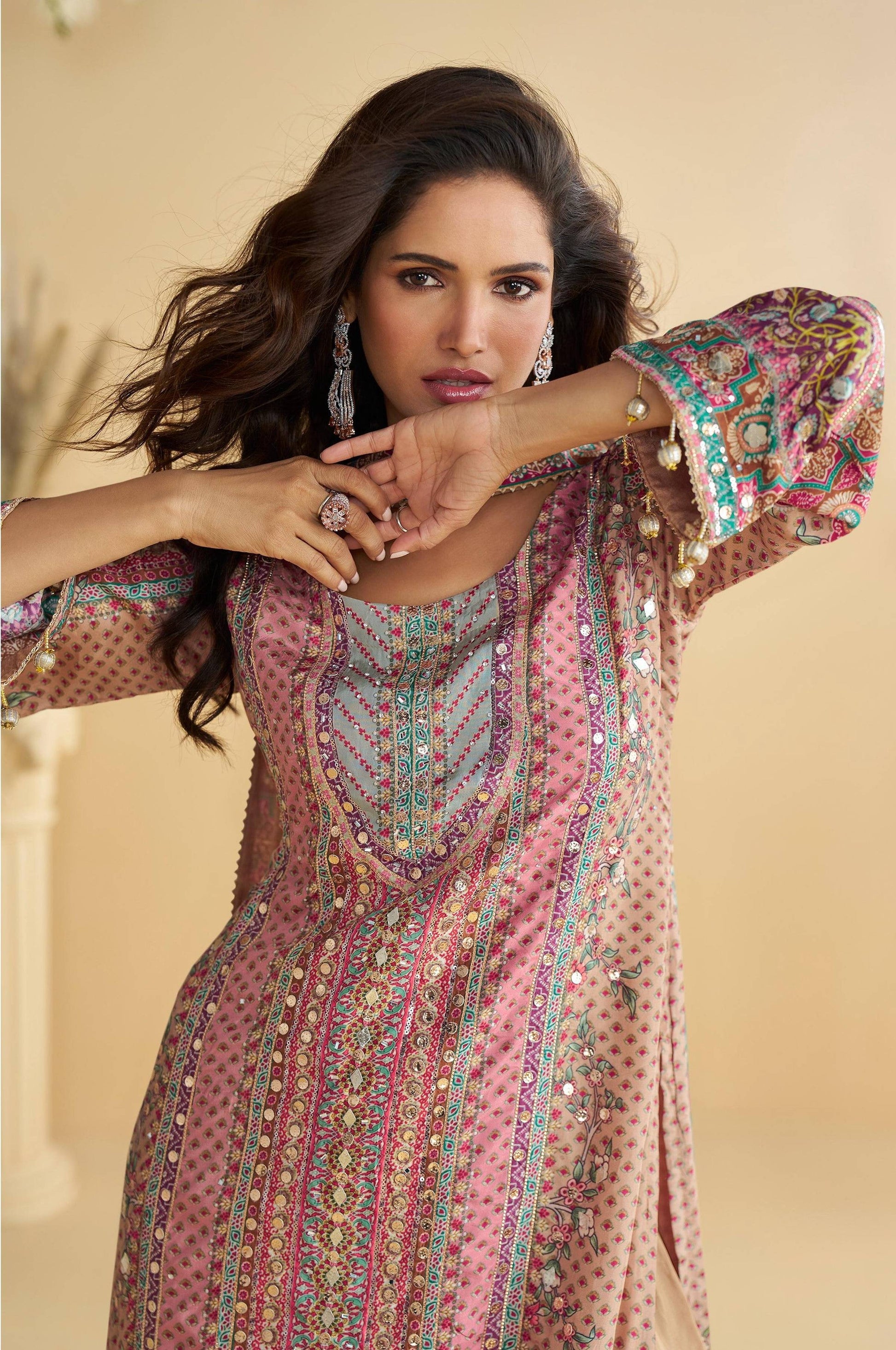 Anaita Pink Crepe Stitched Suit With Digital Printed Work