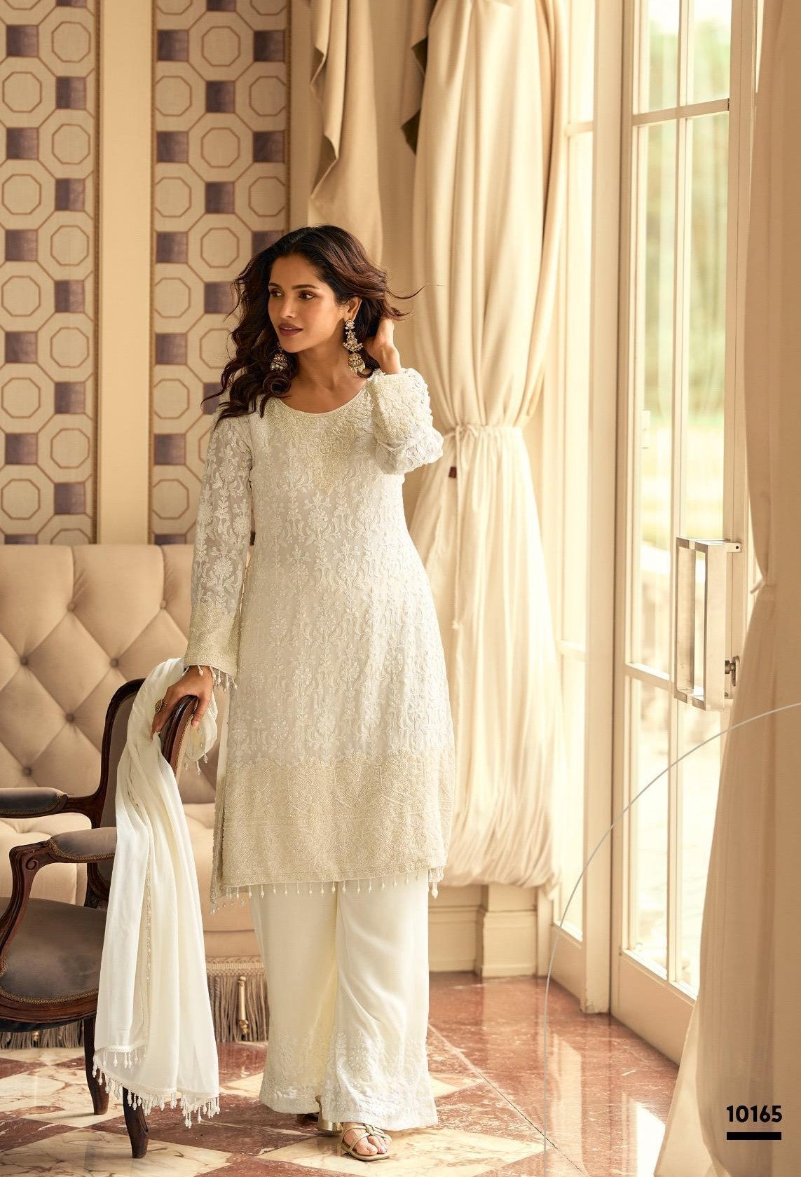 Anaita White Georgette Stitched Suit With Embroidery & Beads Work