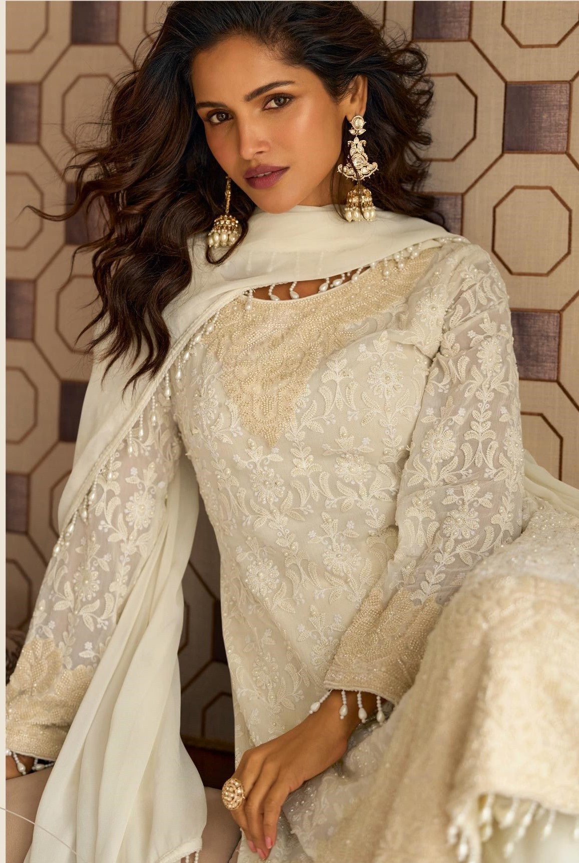 Anaita White Georgette Stitched Suit With Embroidery & Beads Work