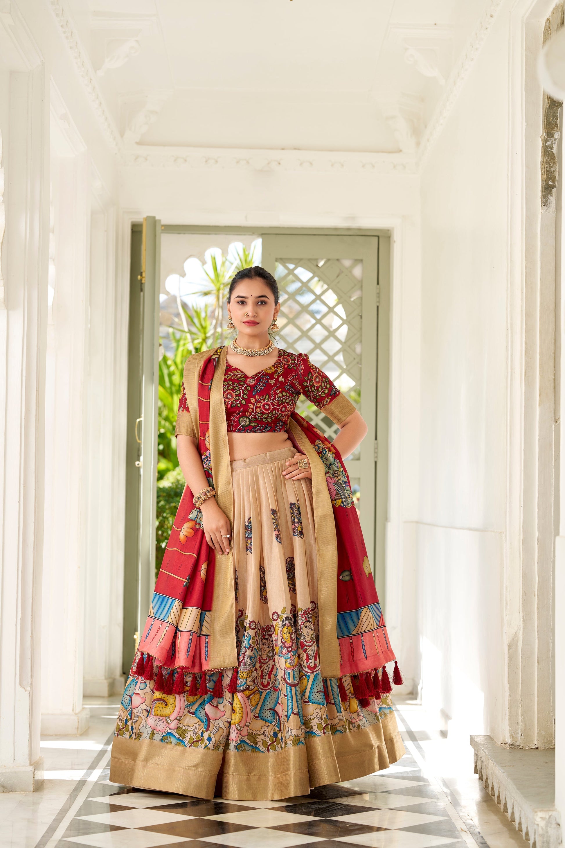 Lorenvalley Cream Dola Silk Kalamkari Print With Weaving Border Lehenga Choli 