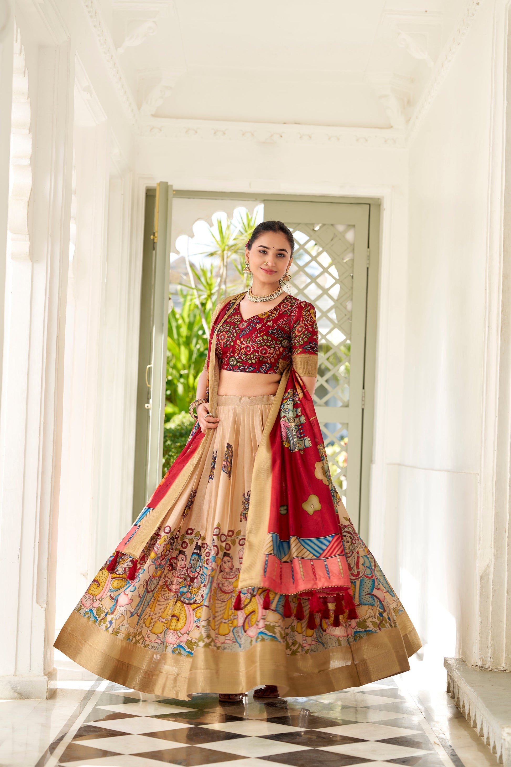 Lorenvalley Cream Dola Silk Kalamkari Print With Weaving Border Lehenga Choli 