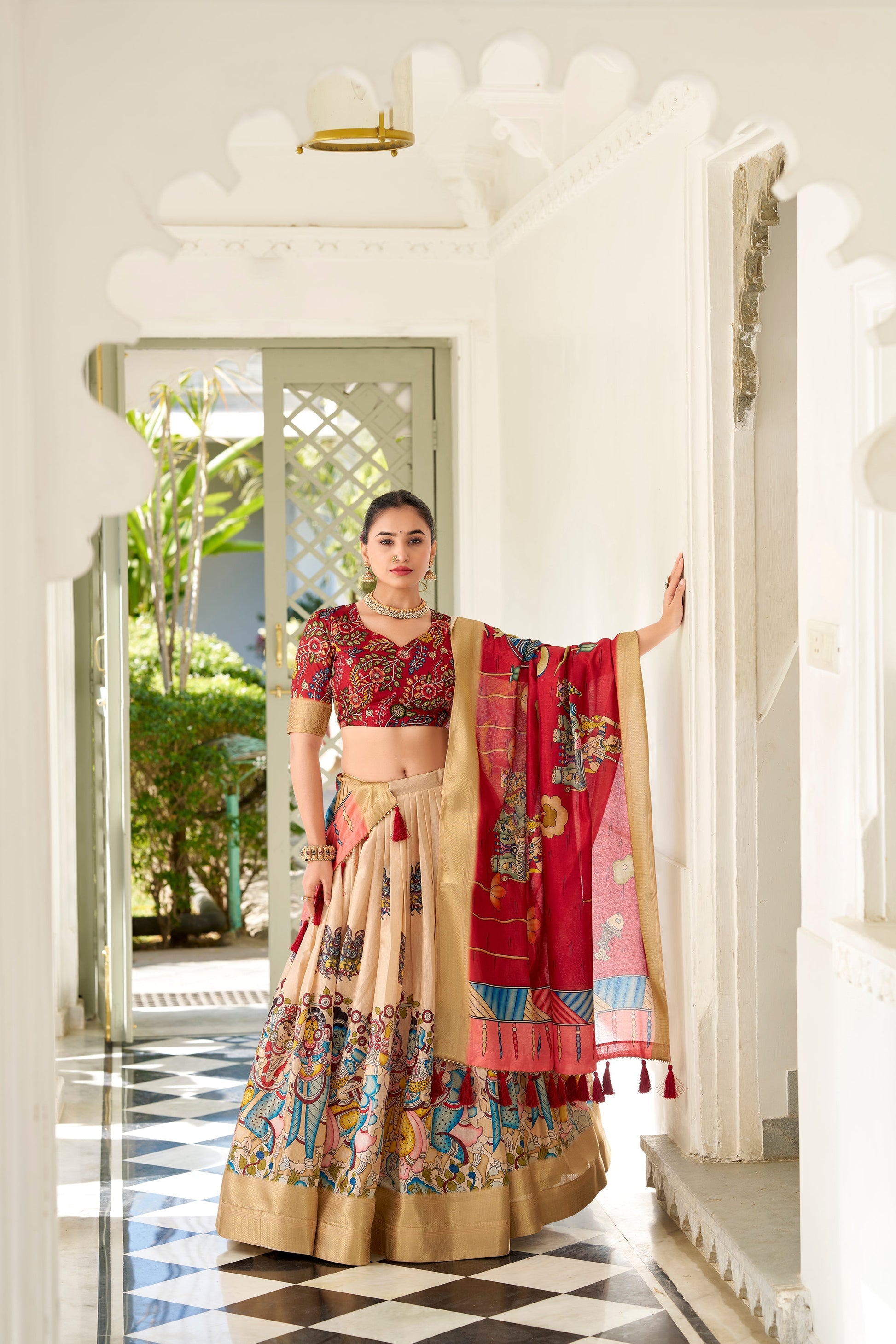 Lorenvalley Cream Dola Silk Kalamkari Print With Weaving Border Lehenga Choli 