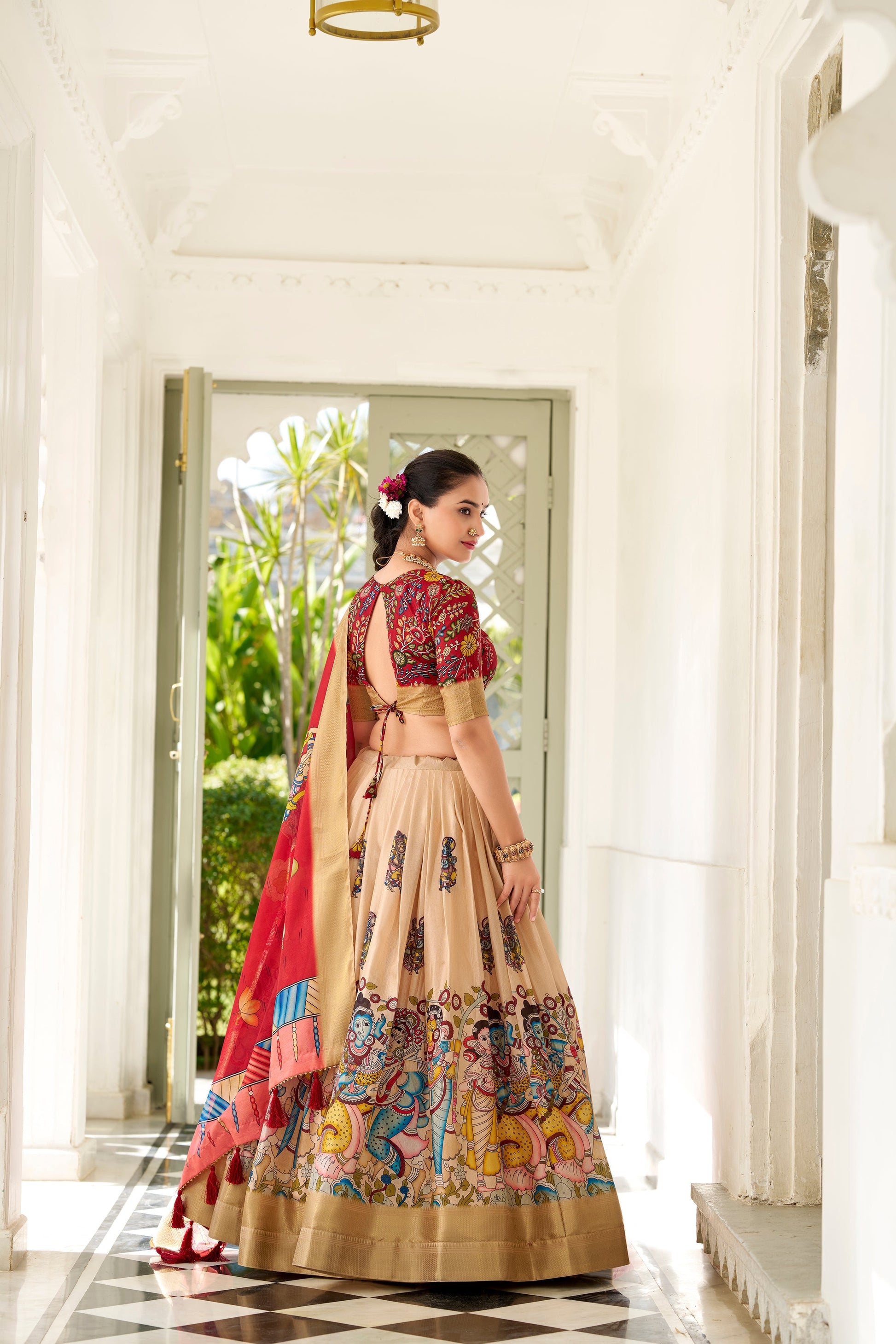Lorenvalley Cream Dola Silk Kalamkari Print With Weaving Border Lehenga Choli 