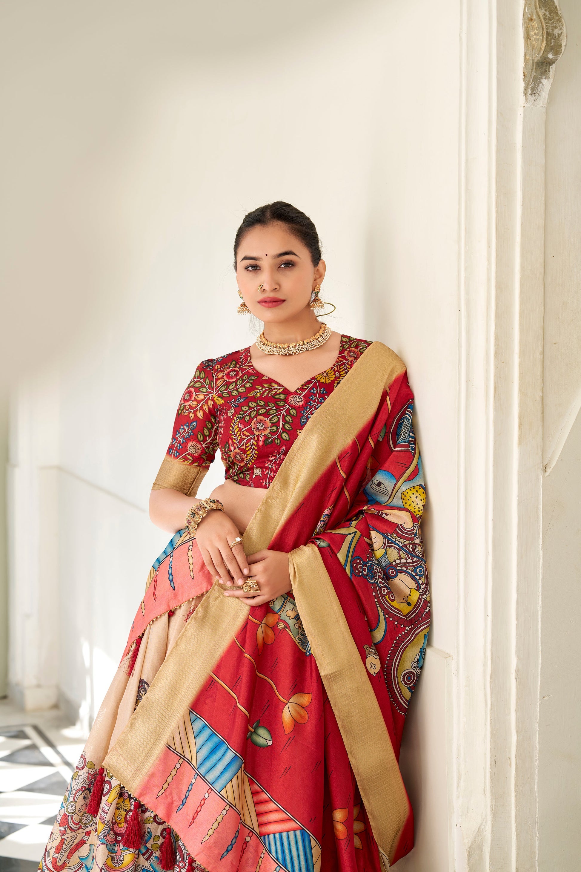 Lorenvalley Cream Dola Silk Kalamkari Print With Weaving Border Lehenga Choli 